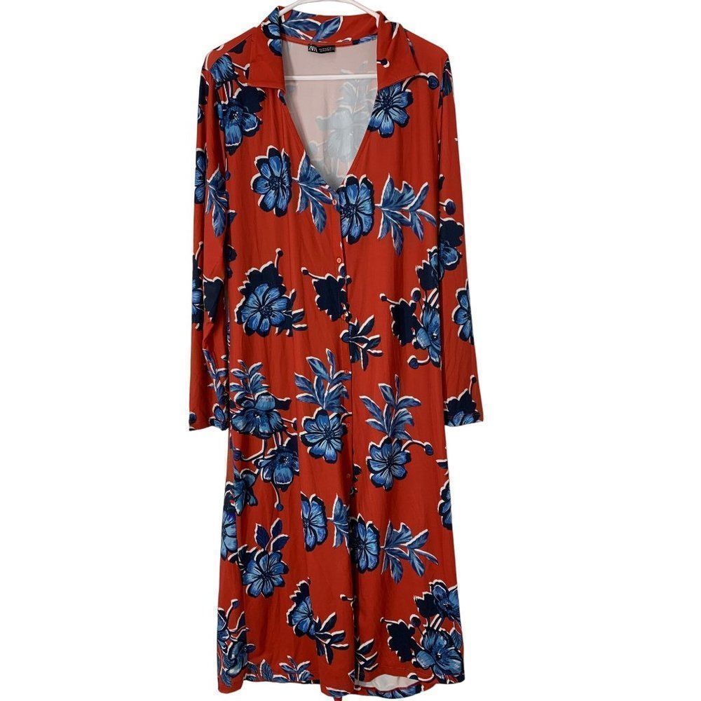 Zara Jersey Shirt Dress Size Large V-neck Button Long Sleeve Collared 5239
